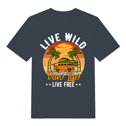 Ink grey Van Life Wild men’s funny graphic t-shirt showing classic retro camping van design  