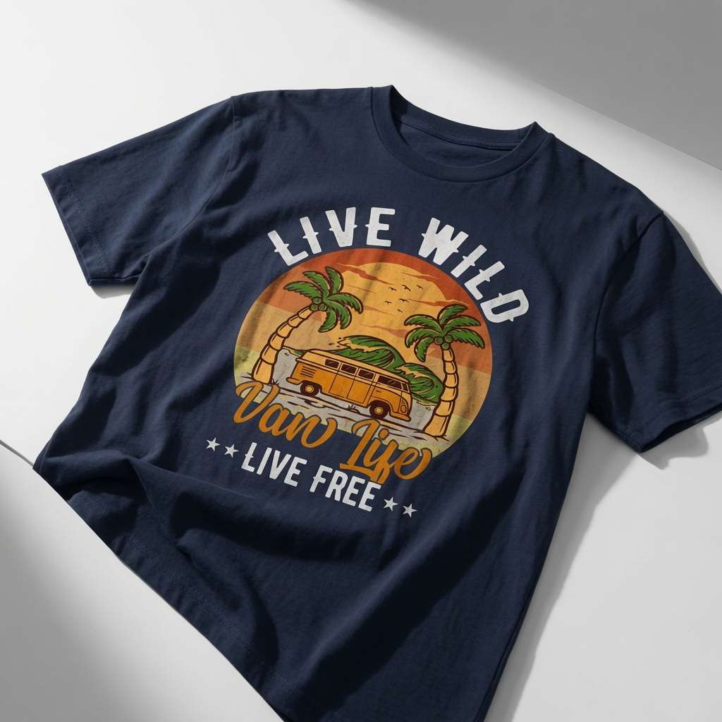 Navy Live Wild Van Life Live Free t-shirt laid flat featuring a retro camper van and palm trees graphic, retro camping van design mens shirt