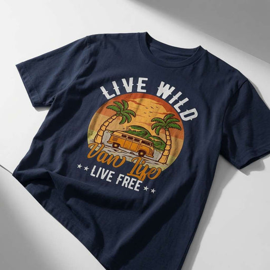 Navy Live Wild Van Life Live Free t-shirt laid flat featuring a retro camper van and palm trees graphic, retro camping van design mens shirt
