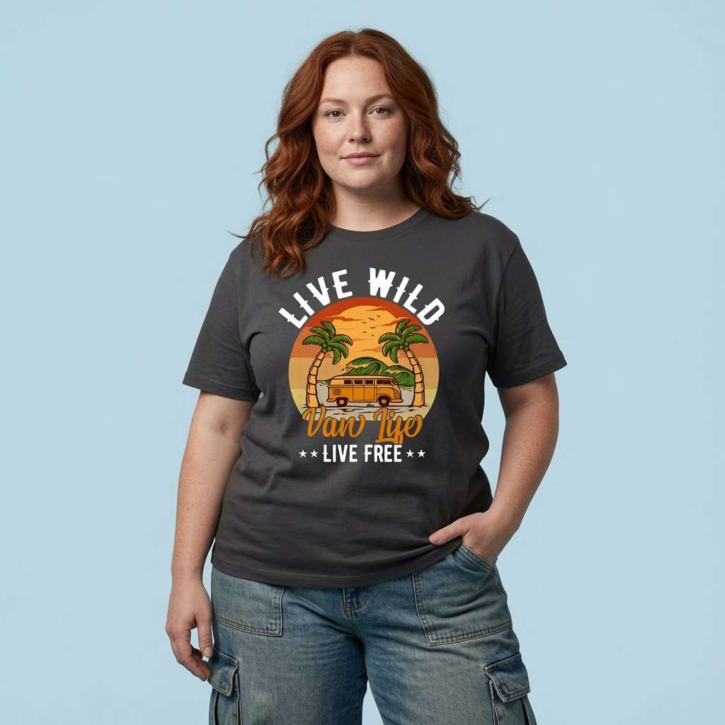 Woman with one hand in her pocket in a black Live Wild Van Life Live Free t-shirt, cool retro camper logo design full of pure attitude