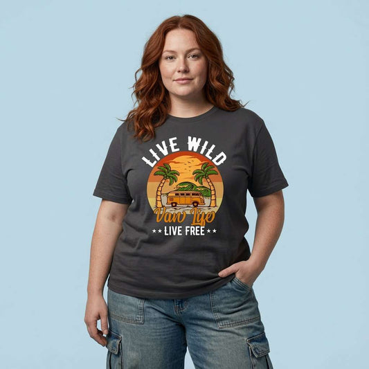 Woman with one hand in her pocket in a black Live Wild Van Life Live Free t-shirt, cool retro camper logo design full of pure attitude
