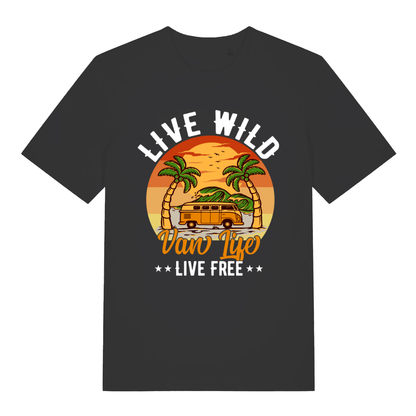 Black Van Life Wild women’s funny graphic t-shirt with classic retro camper van beach design  