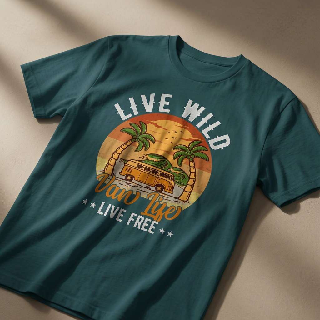 Green Live Wild Van Life Live Free t-shirt laid flat showing the full retro camper van graphic, retro camper design ladies shirt that every no-nonsense lady will claim