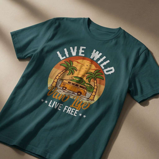 Green Live Wild Van Life Live Free t-shirt laid flat showing the full retro camper van graphic, retro camper design ladies shirt that every no-nonsense lady will claim