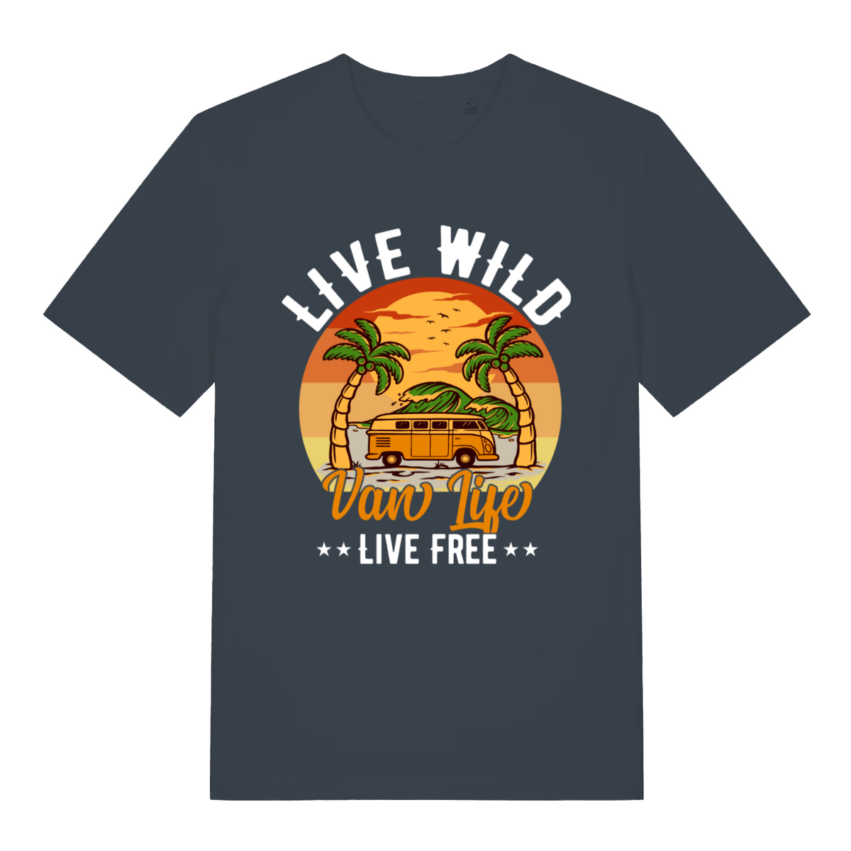 Ink grey Van Life Wild women’s funny graphic t-shirt with bold live wild camper van graphic  