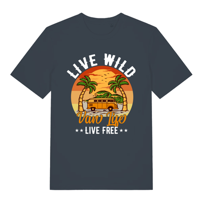 Ink grey Van Life Wild women’s funny graphic t-shirt with bold live wild camper van graphic  