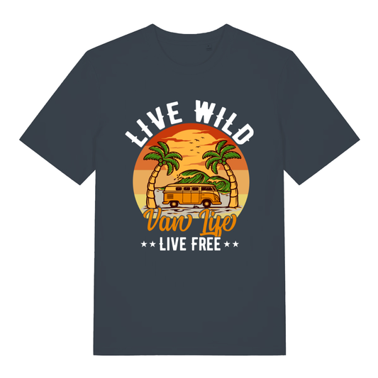 Ink grey Van Life Wild women’s funny graphic t-shirt with bold live wild camper van graphic  