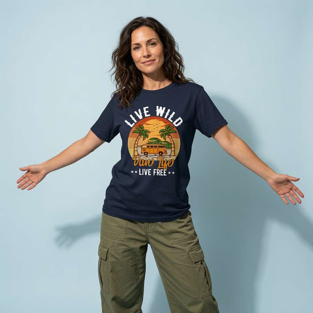 Woman standing with both arms out while wearing a navy Live Wild Van Life Live Free t-shirt featuring a retro camper van and palm trees graphic, retro camper design graphic shirt