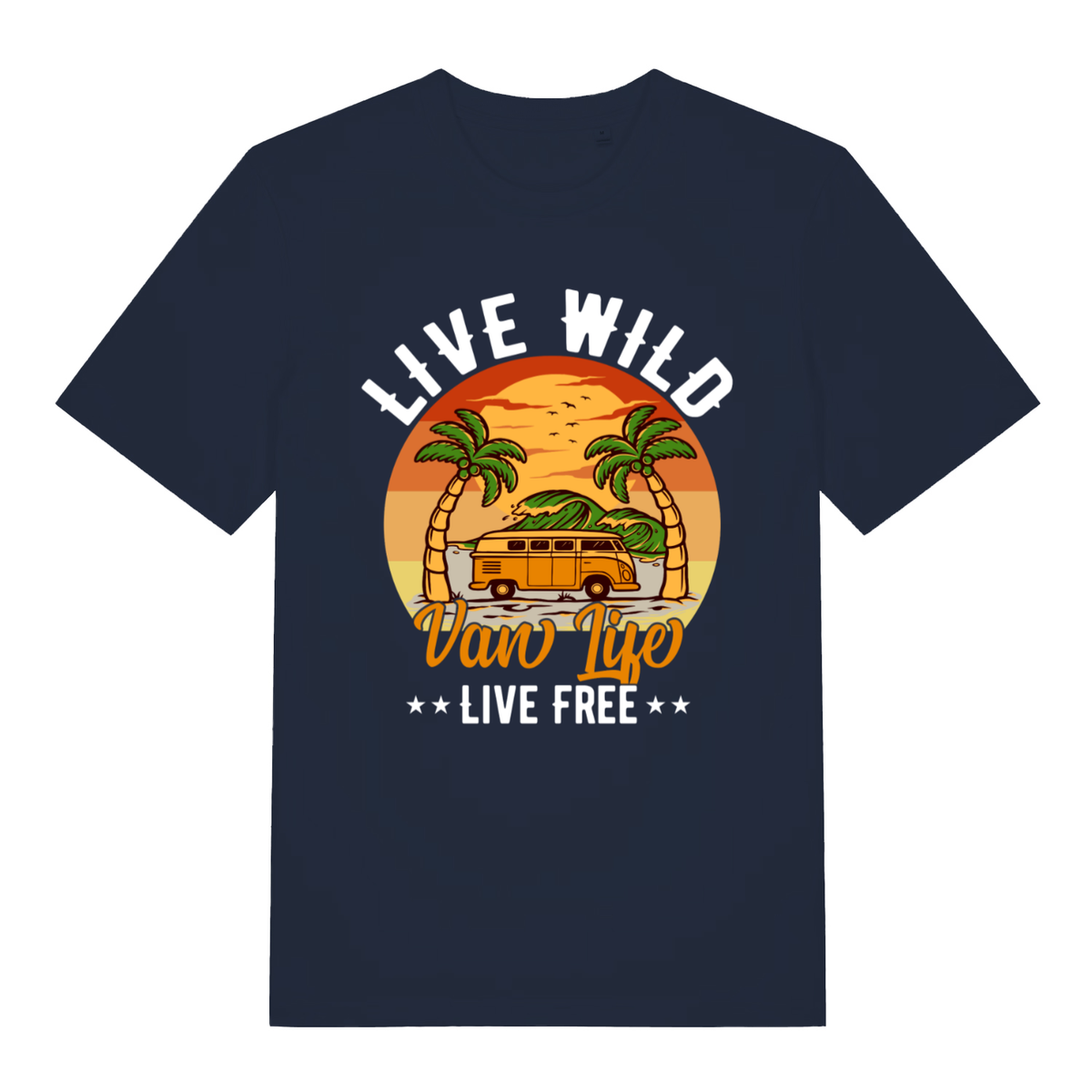 Navy Van Life Wild women’s funny graphic t-shirt showing classic retro camping van design  