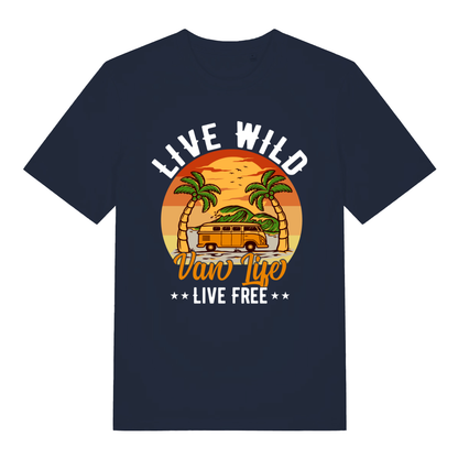 Navy Van Life Wild women’s funny graphic t-shirt showing classic retro camping van design  