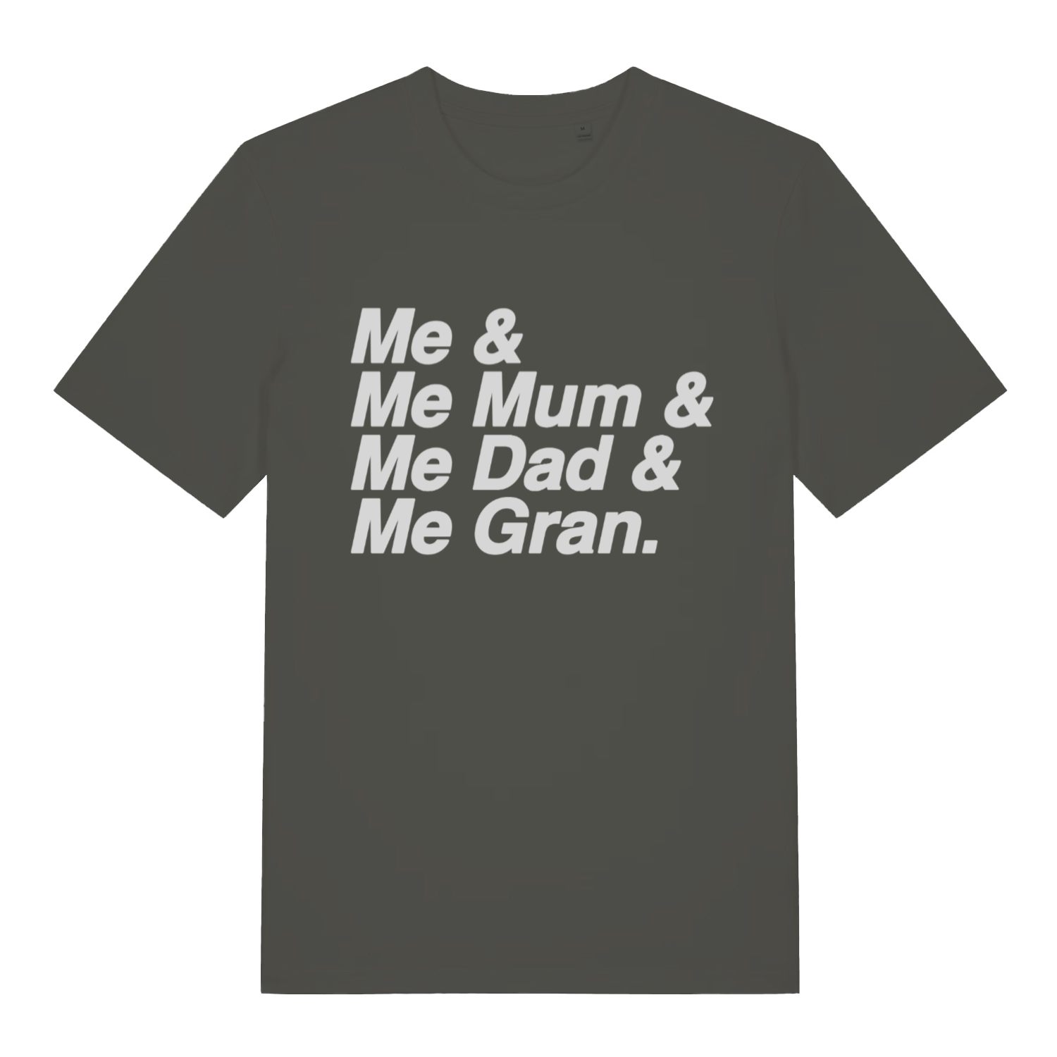 Khaki Vindaloo men’s funny slogan t-shirt showing classic Me Mum Dad Gran football chant design  