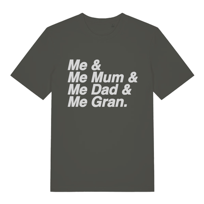 Khaki Vindaloo men’s funny slogan t-shirt showing classic Me Mum Dad Gran football chant design  