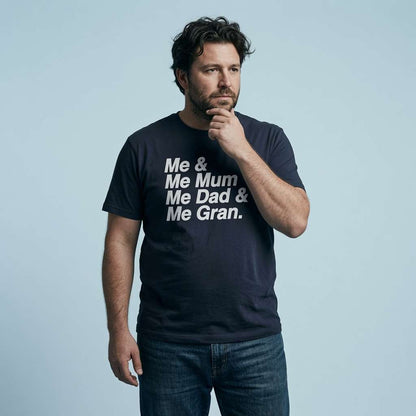 Man with one hand on his chin while wearing a navy Me & Me Mum & Me Dad & Me Gran t-shirt, funny England football-inspired slogan design