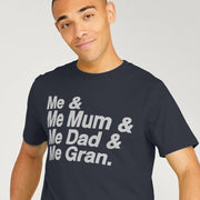 Smiling man wearing a black sports T-shirt with white text: 