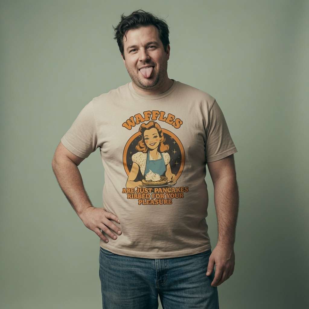 Man sticking his tongue out with one hand on his hip in a beige Waffles Are Just Pancakes Ribbed for Your Pleasure t-shirt, mens funny and cheeky retro vintage graphic shirt that every cheeky lad will claim