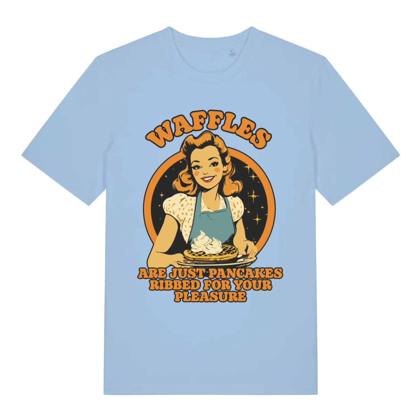 Sky blue Waffles men’s funny graphic t-shirt with bold retro housewife waffle graphic  