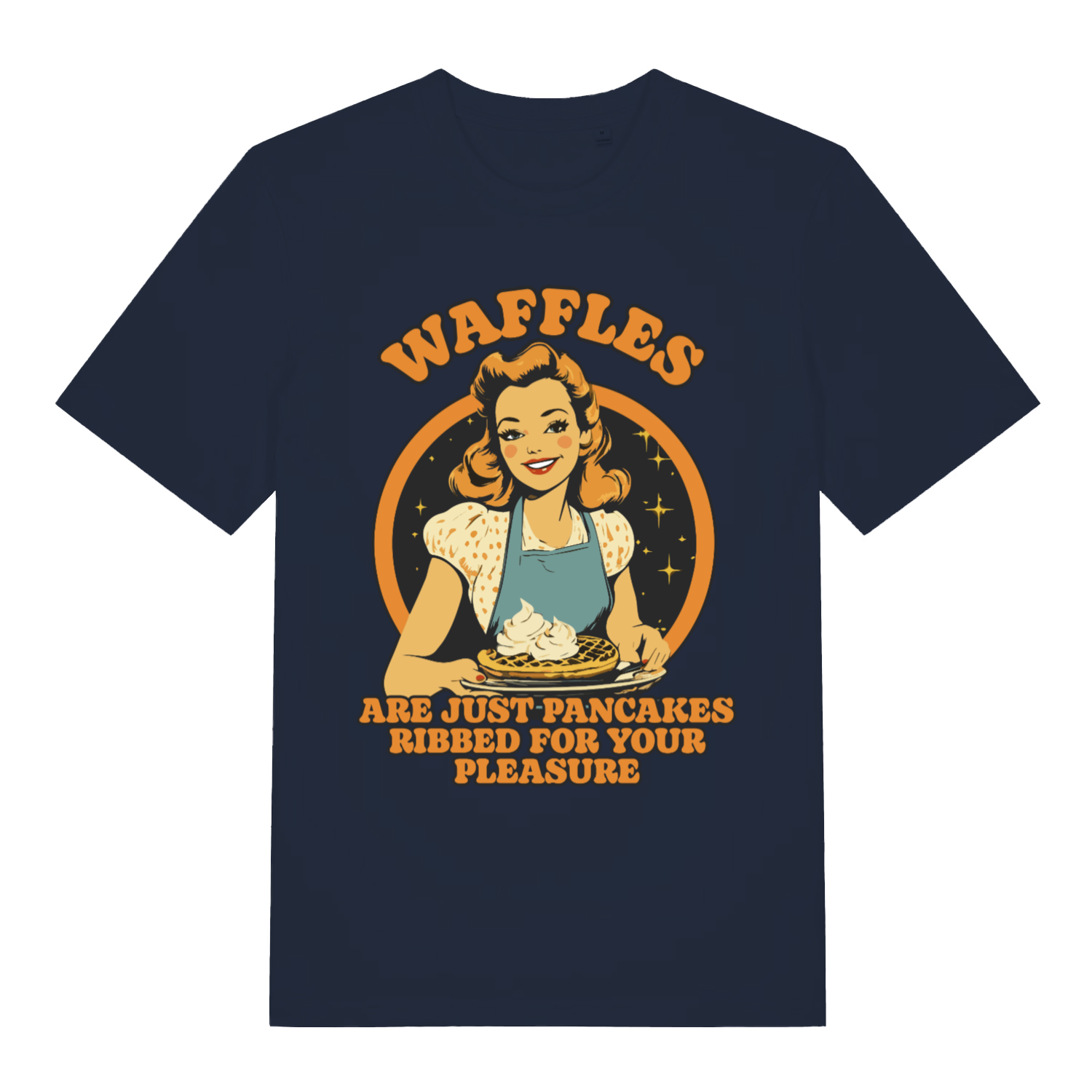 Navy Waffles men’s funny graphic t-shirt featuring ultimate cheeky waffle housewife print  
