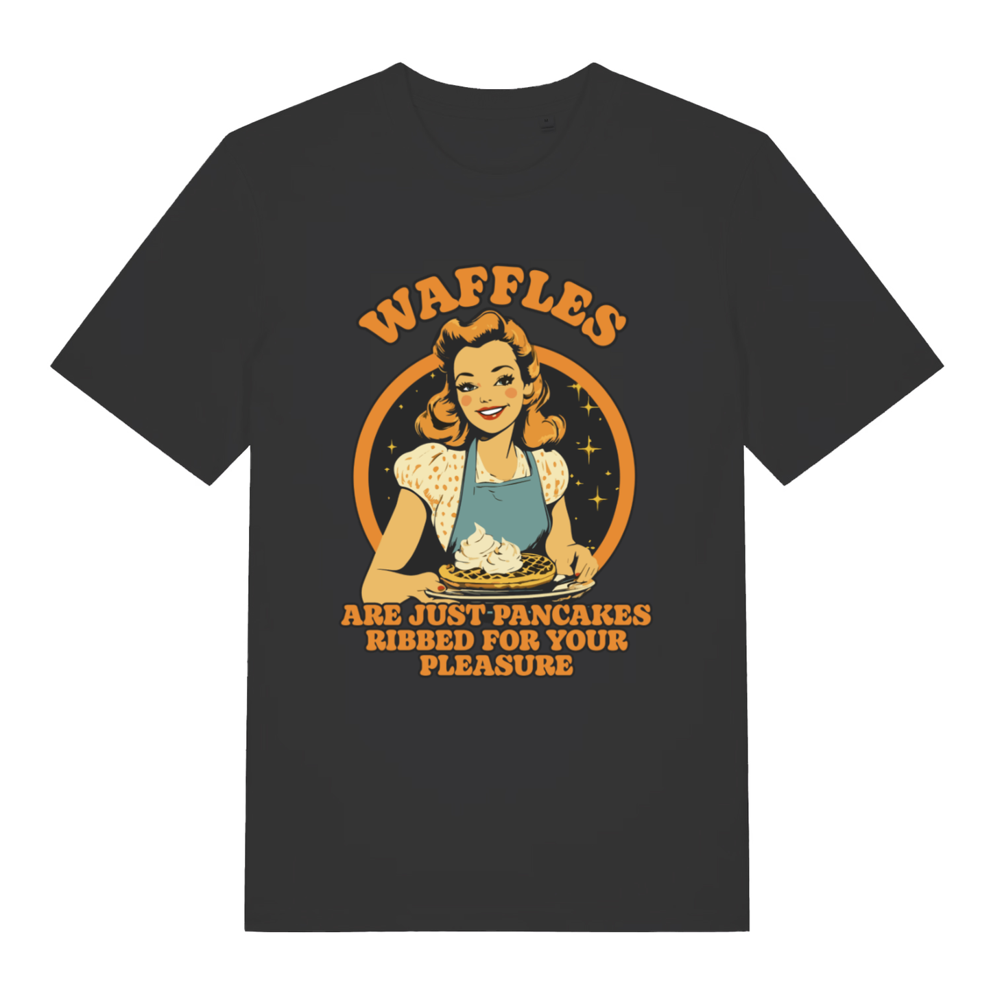 Black Waffles women’s funny graphic t-shirt with cheeky retro housewife waffle design  