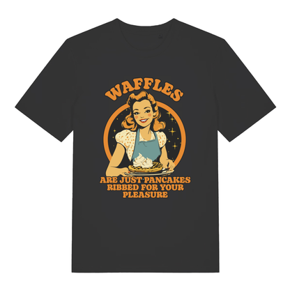 Black Waffles women’s funny graphic t-shirt with cheeky retro housewife waffle design  