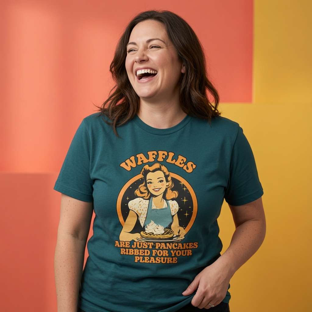 Woman laughing while wearing a green Waffles Are Just Pancakes Ribbed For Your Pleasure t-shirt, witty ladies waffle joke design that every no-nonsense lady will claim