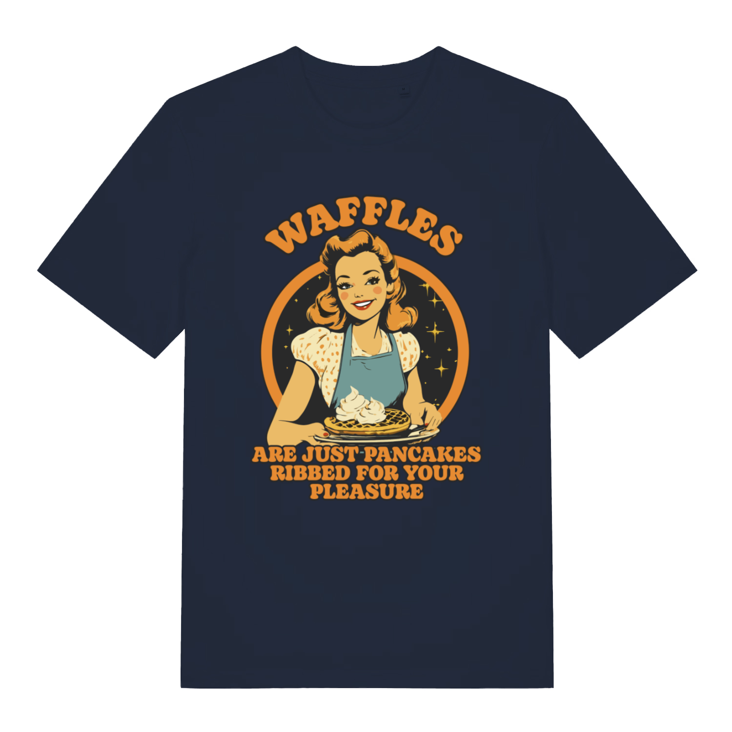 Navy Waffles women’s funny graphic t-shirt with bold retro housewife waffle graphic  