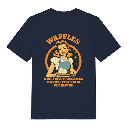 Navy Waffles women’s funny graphic t-shirt with bold retro housewife waffle graphic  