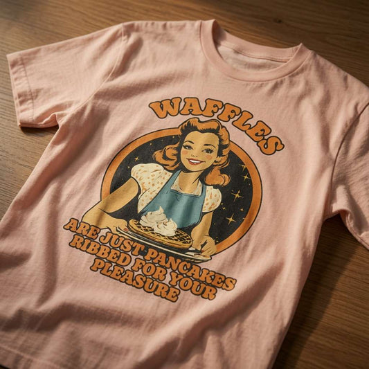 Peach Waffles Are Just Pancakes Ribbed For Your Pleasure t-shirt laid flat on a wooden surface showing the full retro graphic, cheeky rude ladies retro waffle graphic design full of pure attitude