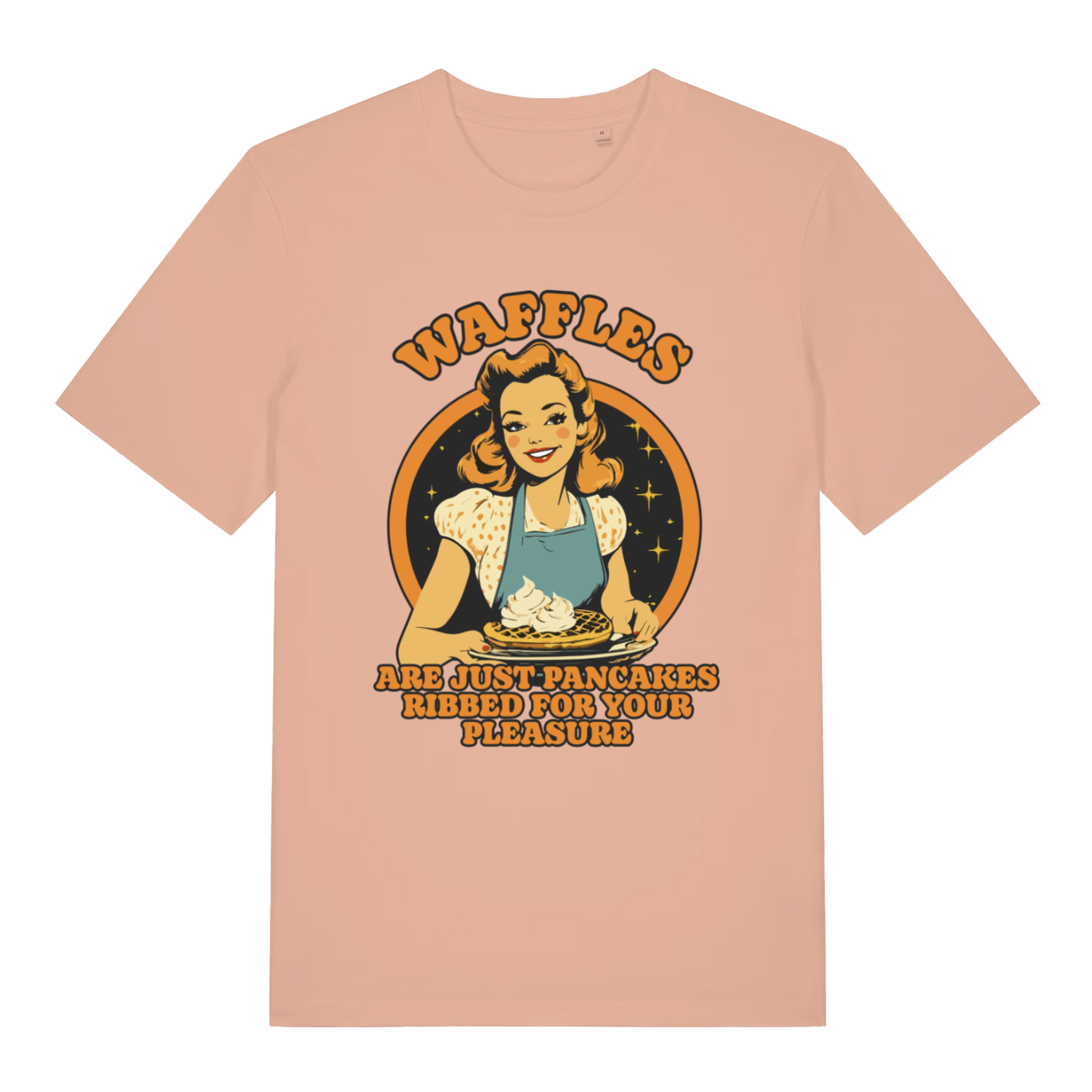 Peach Waffles women’s funny graphic t-shirt showing classic pancakes ribbed for pleasure design  