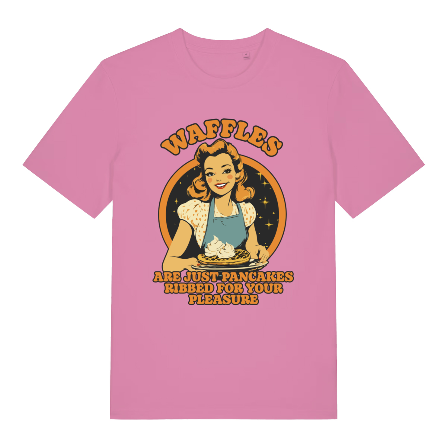 Pink Waffles women’s funny graphic t-shirt featuring ultimate cheeky waffle housewife print  