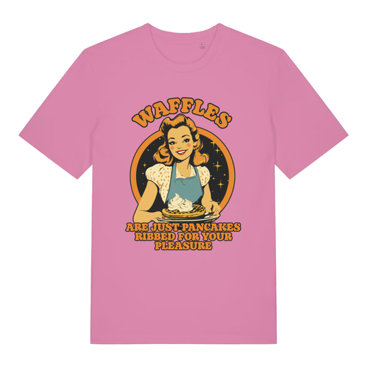 Pink Waffles women’s funny graphic t-shirt featuring ultimate cheeky waffle housewife print  