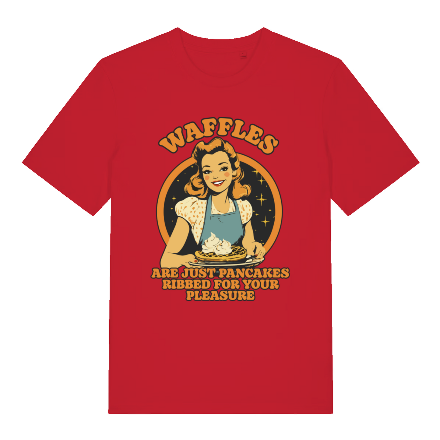 Red Waffles women’s funny graphic t-shirt with witty retro waffle joke design  