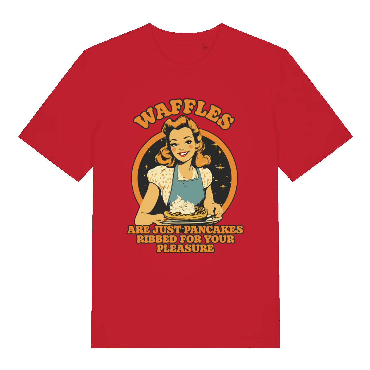 Red Waffles women’s funny graphic t-shirt with witty retro waffle joke design  