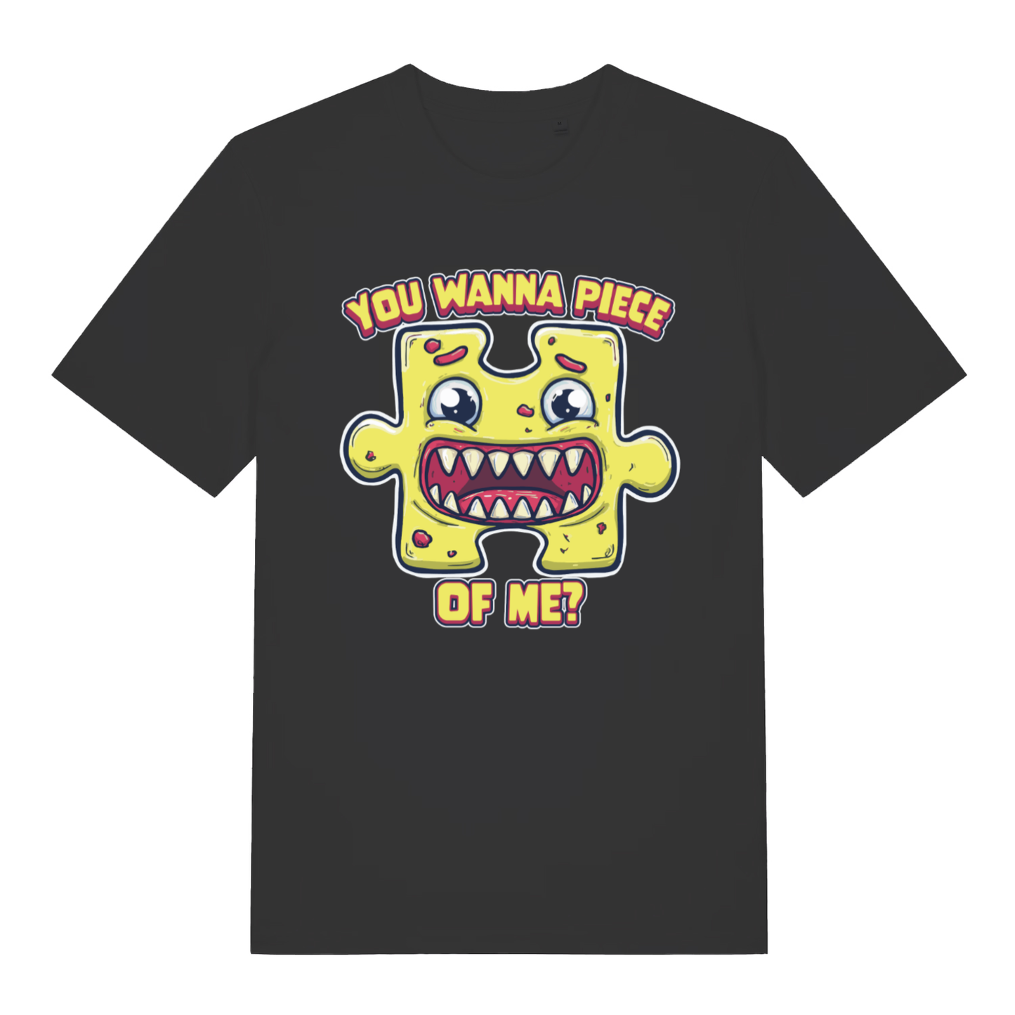 Black Wanna Piece men’s funny graphic t-shirt with angry jigsaw puzzle piece design  