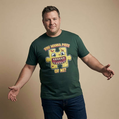 Man standing with both arms out in a green You Wanna Piece of Me? t-shirt, funny mens pun jigsaw graphic design that every cheeky lad will claim