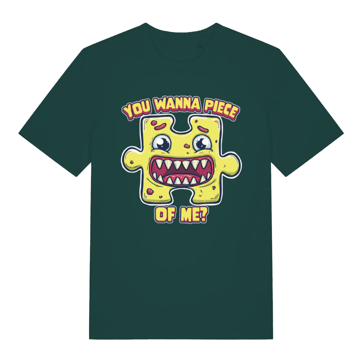 Green Wanna Piece men’s funny graphic t-shirt with bold furious puzzle piece graphic  