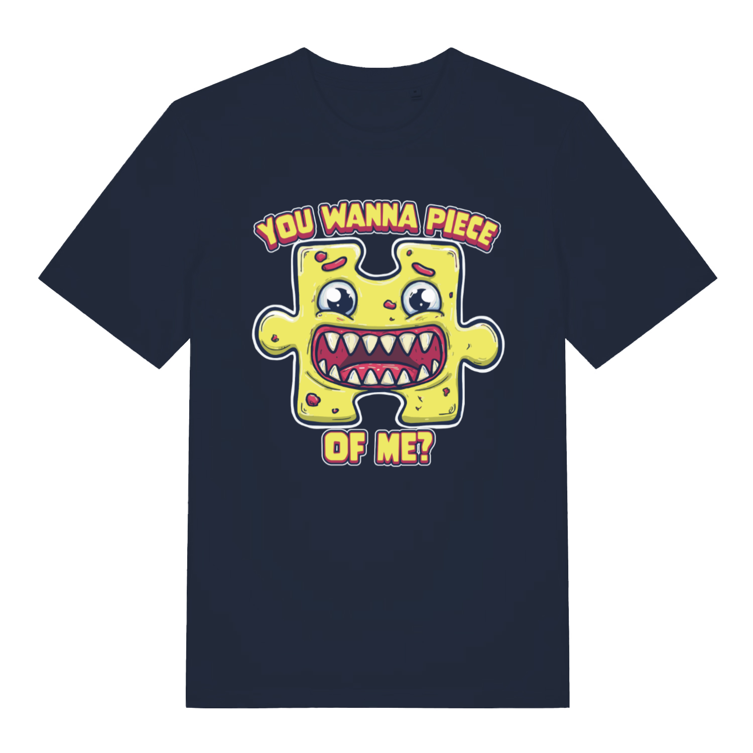 Navy Wanna Piece men’s funny graphic t-shirt showing classic jigsaw pun design  