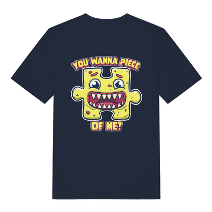 Navy Wanna Piece men’s funny graphic t-shirt showing classic jigsaw pun design  
