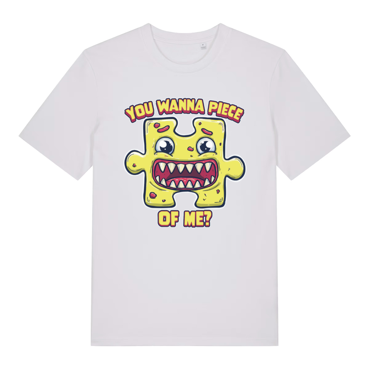 White Wanna Piece men’s funny graphic t-shirt featuring ultimate cheeky puzzle piece print  