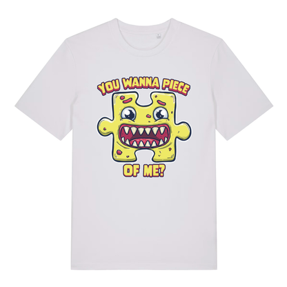 White Wanna Piece men’s funny graphic t-shirt featuring ultimate cheeky puzzle piece print  