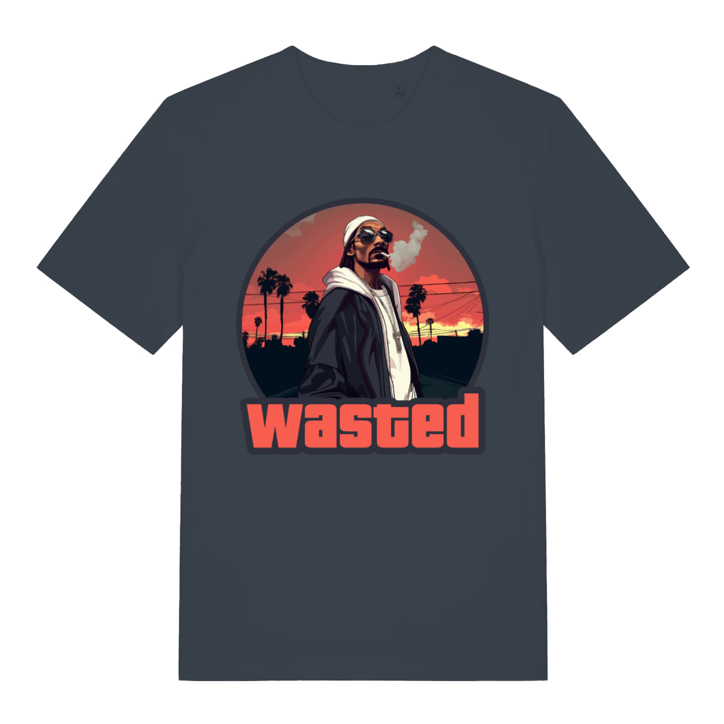 Ink grey Wasted men’s funny graphic t-shirt showing classic GTA style design  