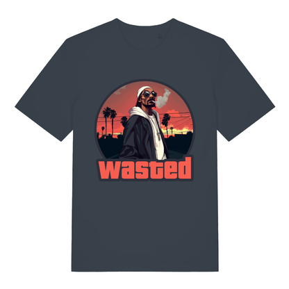 Ink grey Wasted men’s funny graphic t-shirt showing classic GTA style design  