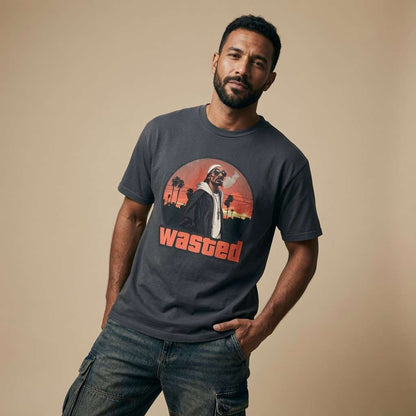 Man looking to the side with one hand in his pocket in an ink grey Wasted t-shirt, original dogg design fun gamer rapper style tee that every cheeky lad will claim