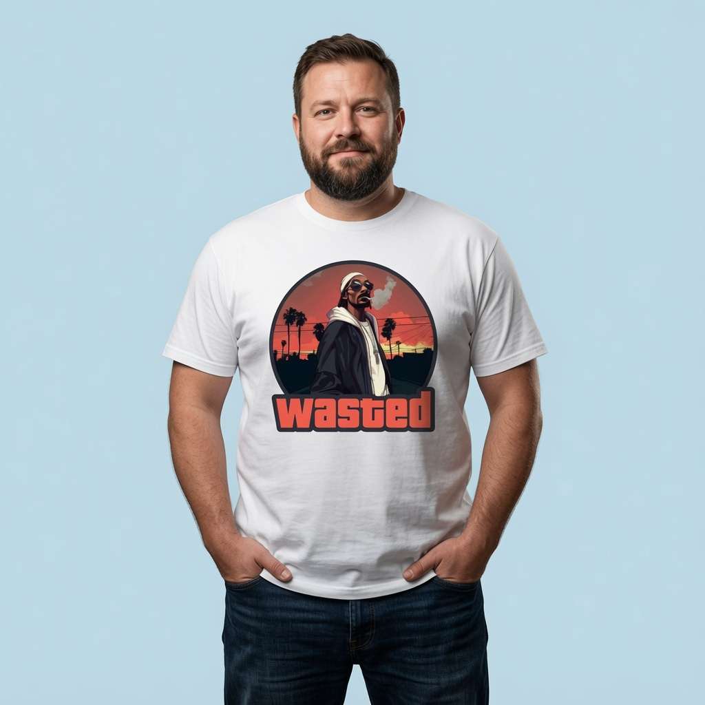 Man standing with both hands in his pockets while wearing a white Wasted t-shirt featuring a Snoop Dogg-style portrait, mens funny dogg gaming graphic in grand style design
