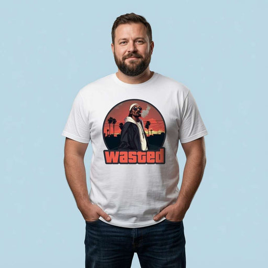 Man standing with both hands in his pockets while wearing a white Wasted t-shirt featuring a Snoop Dogg-style portrait, mens funny dogg gaming graphic in grand style design