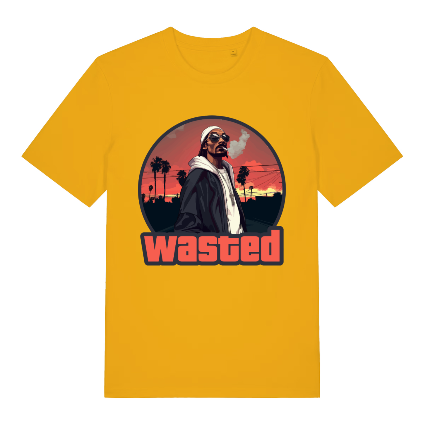 Yellow Wasted men’s funny graphic t-shirt featuring classic GTA wasted text  
