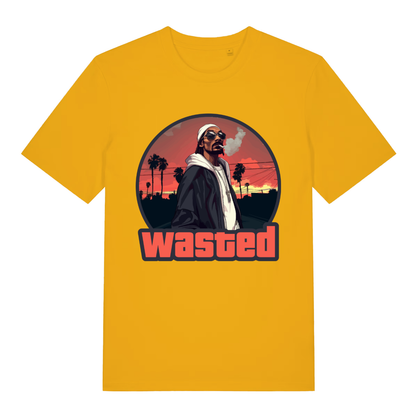 Yellow Wasted men’s funny graphic t-shirt featuring classic GTA wasted text  