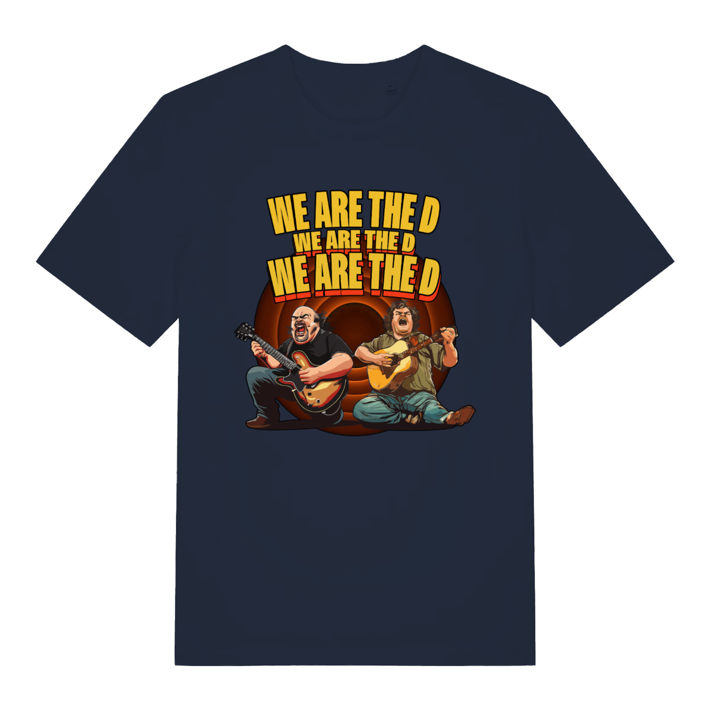 Navy We Are The D men’s funny graphic t-shirt showing classic Tenacious D design  