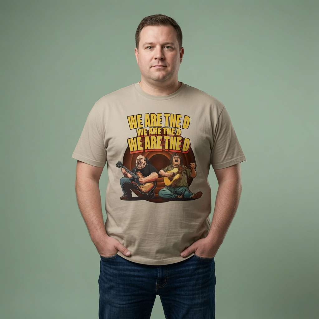 Man standing with both hands in his pockets while wearing a stone We Are The D t-shirt featuring Jack Black and Kyle Gass parody graphic, mens music-inspired design