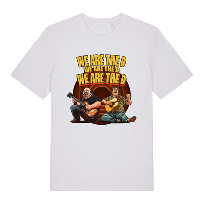 White We Are The D men’s funny graphic t-shirt with witty rock parody design  