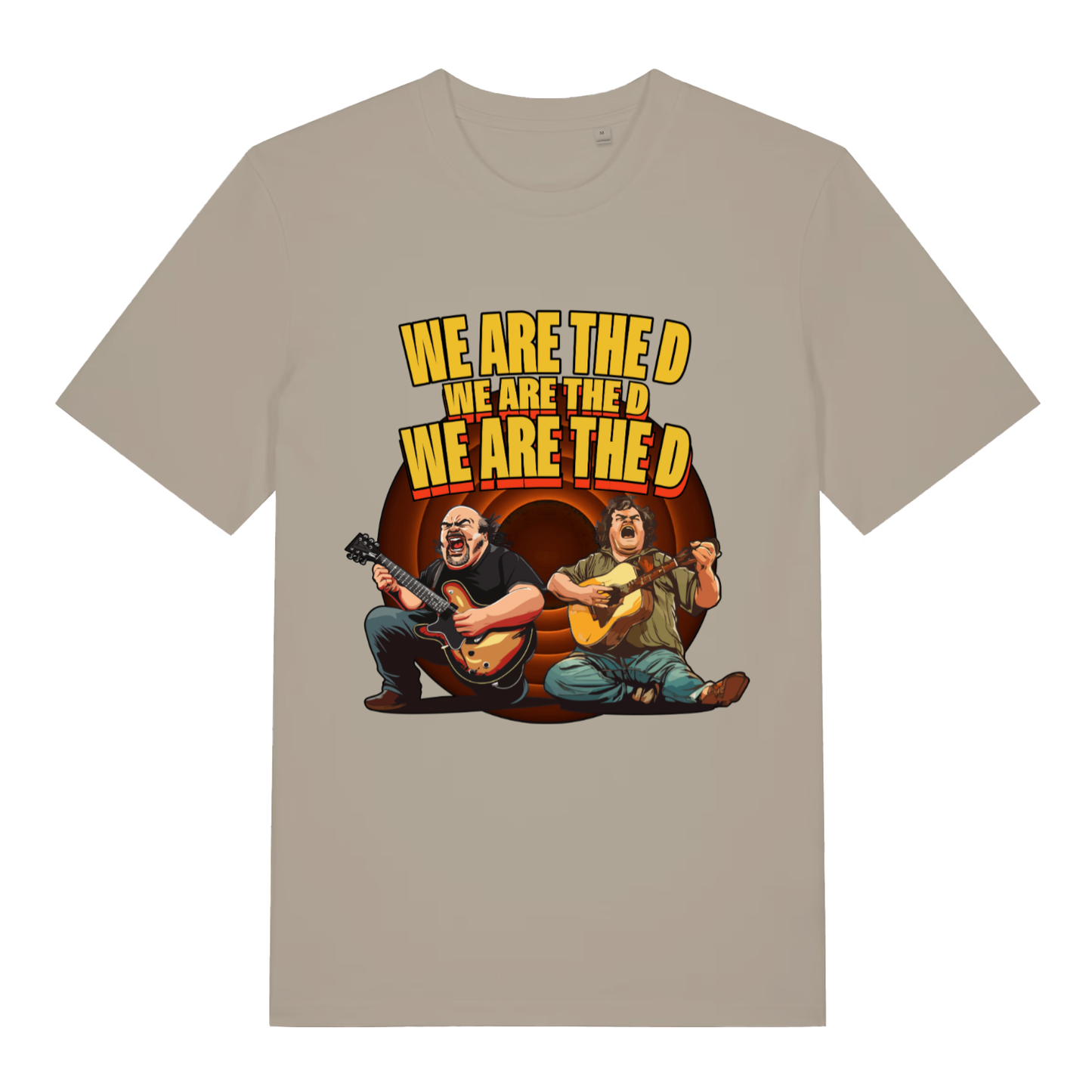 Beige We Are The D women’s funny graphic t-shirt with Tenacious D inspired design  